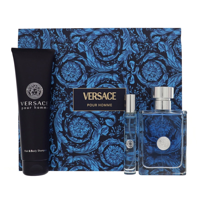 Versace Pour Homme By Versace Cologne 3 Piece Gift Set – 3.4 Oz Edt Spray, 0.3 Oz Edt Spray, 5.0 Oz Hair And Body Shampoo For Men – Gift Set