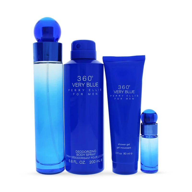 360 Very Blue 4 Piece Gift Set 3.4 oz EDT + 6.8 oz Body Spray + 3.0 oz Shower Gel + 0.25 oz EDT