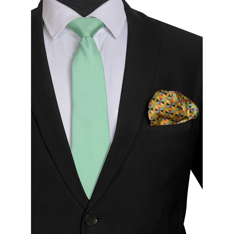 Chokore Sea Green color Silk Tie & Double-sided Sea Green & Lemon Green Silk Pocket Circle set