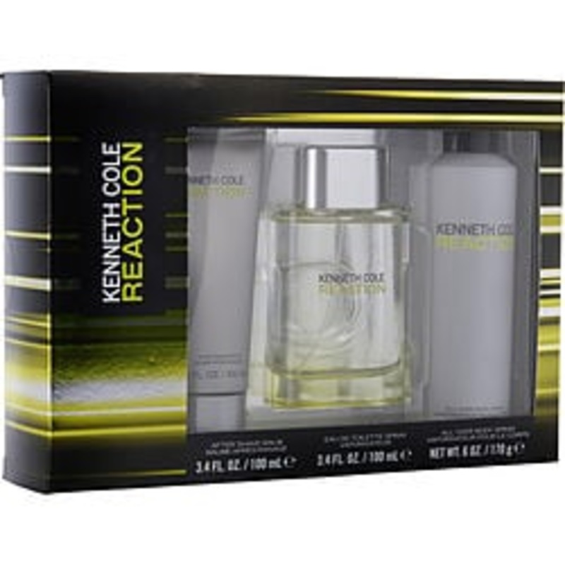 Kenneth Cole Reaction By Kenneth Cole 3 Piece Gift Set – 3.4 Oz Eau De Toilette Spray, 6.0 Oz All Over Body Spray, 3.4 Oz After Shave Balm For Men In Gift Set