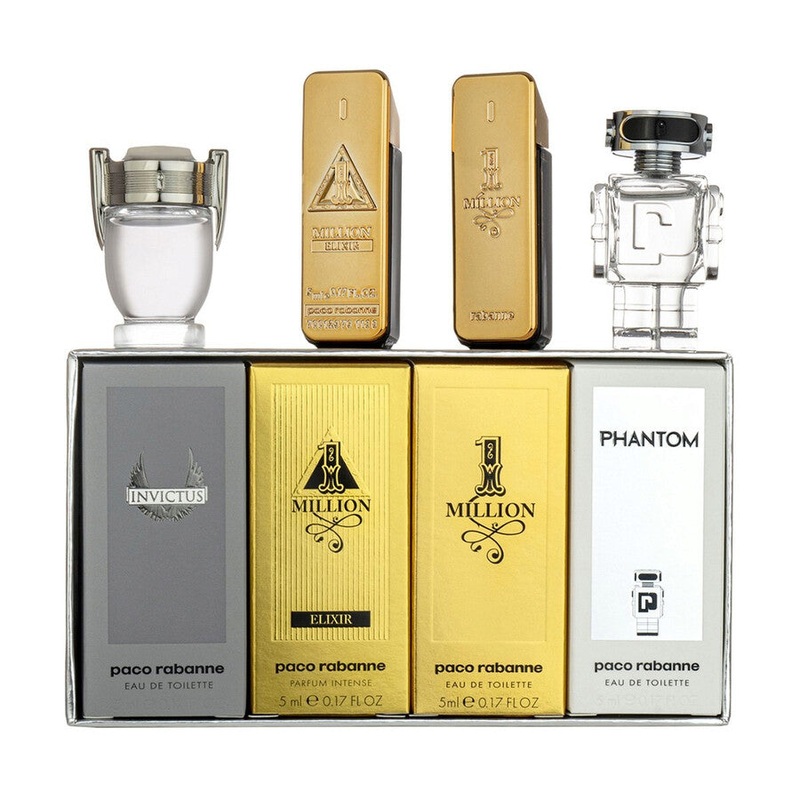 Paco Rabanne 4PCS Miniature Gift Set – Phantom 5ML EDT Spray + Invictus 5ML EDT Spray + 1 Million Elixir 5ML Parfum Intense Spray + 1 Million 5ML EDT Spray (Men)