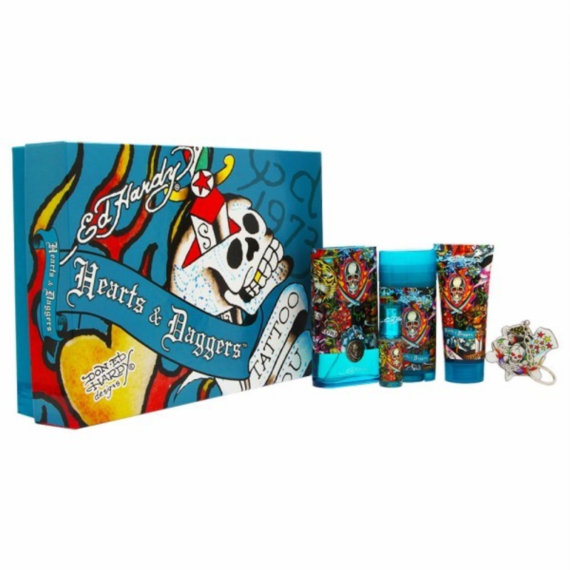 Ed Hardy Hearts & Daggers Gift Set by Christian Audigier 5 Piece Gift Set: 3.4 Oz Eau De Toilette Spray + 3.0 Oz Hair & Body Wash + 2.75 Oz Alcohol Free Deodorant + 0.25 Oz Mini Spray + Key Chain. For Men