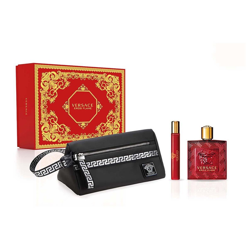 Versace Eros Flame Holiday Gift Set for Men 3.4 oz Eau de Parfum + 0.3 oz Travel Spray + Versace Black Trouse