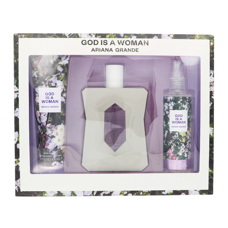 Ariana Grande God Is A Woman By Ariana Grande Perfume 3 Piece Gift Set – 3.4 Oz Edp Spray, 4.0 Oz Body Mist, 3.4 Oz Body Souffle For Women – Gift Set