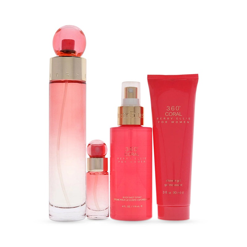 360 Coral 4 Piece Gift Set 3.4 oz EDP + 4.0 oz Mist+ 3.0 oz Shower Gel + 0.25 oz EDP
