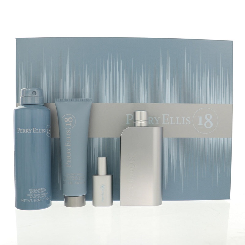 Perry Ellis 18 By Perry Ellis Cologne 4 Piece Gift Set – 3.4 Oz Edt Spray, 0.25 Oz Edt Spray, 6.0 Oz Deodorizing Body Spray, 3.0 Oz Hair & Body Wash For Men – Gift Set