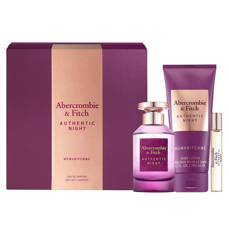Abercrombie and Fitch Authentic Night 3 Pc Gift Set (3.4oz EDP Spray + 15ml EDP Travel Spray +  6.7oz Body Lotion)