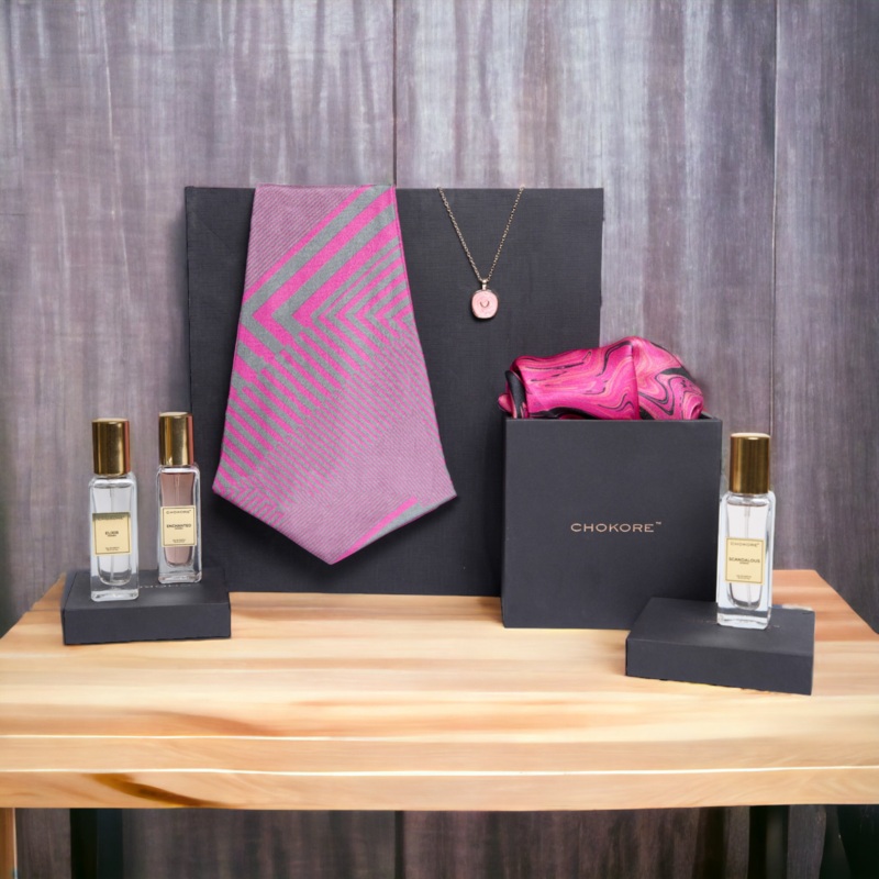 Chokore Special 4-in-1 Gift Set for Him & Her (Silk Pocket Square, Cravat, Pendant with Chain, Perfumes Combo)