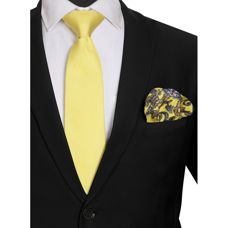 Chokore Yellow color silk tie & Yellow & Blue Silk Pocket Square set