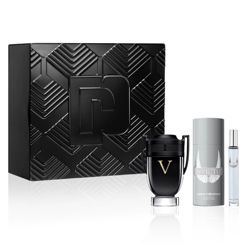 Paco Rabanne Invictus Victory Elixir (Parfum Intense) 3PCS Gift Set – 100ML EDP Spray + 150ML Deodorant Spray + 10ML Travel Spray (Men)