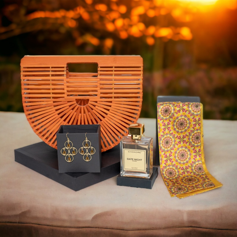 Chokore Special 4-in-1 Gift Set for Her (Bamboo Bag, 100 ml Date Night Perfume, Earrings, & Silk Scarf)