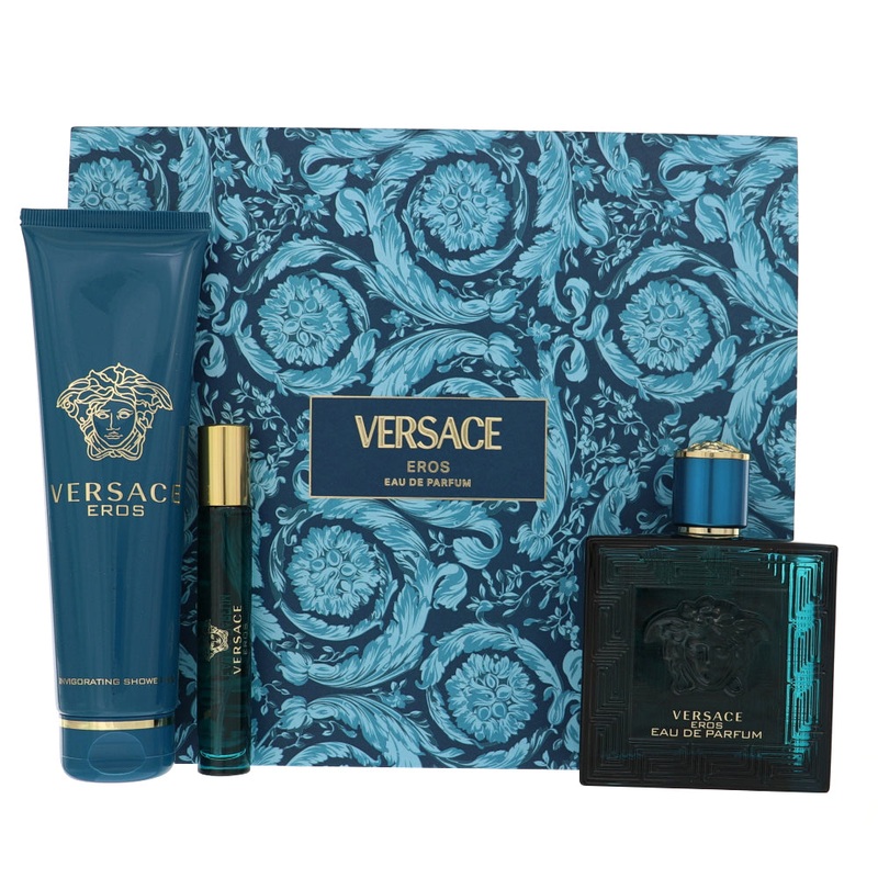Versace Eros By Versace 3 Piece Gift Set – 3.4 Oz Eau De Parfum Spray, 0.3 Oz Eau De Parfum Splash, 5.0 Oz Shower Gel For Men In Gift Set