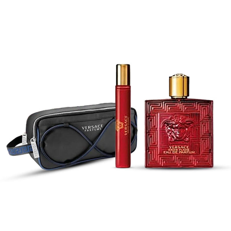 Eros Flame EDP Gift Set 3.4 oz EDP + 0.33 oz Spray + TROUSSE