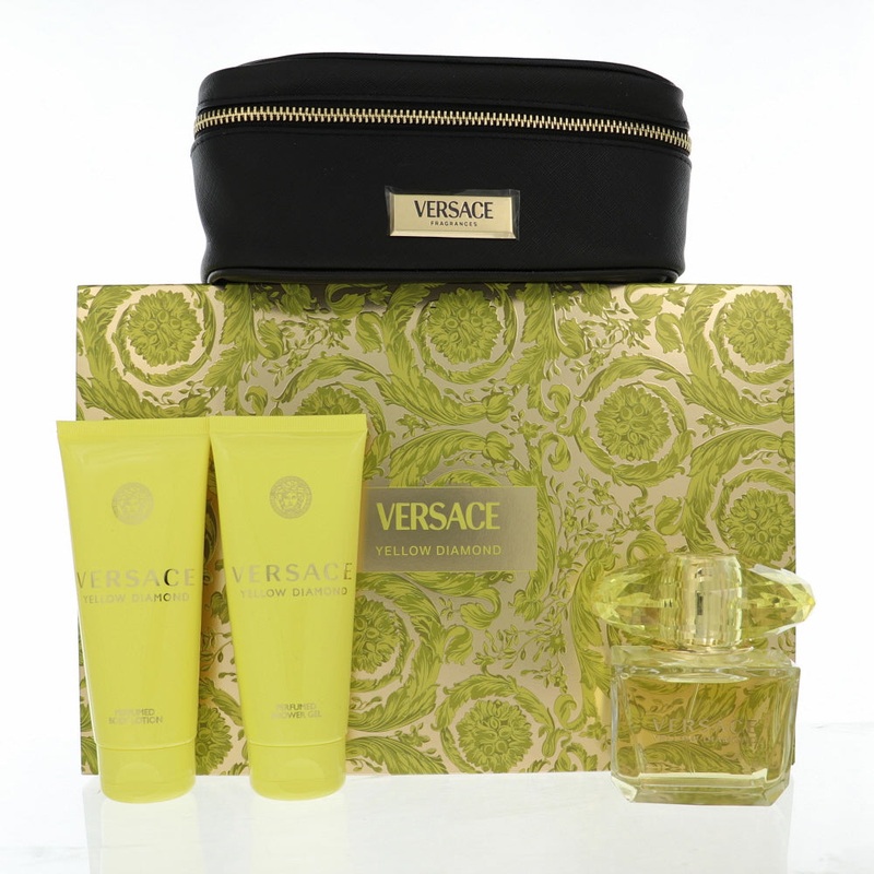 Yellow Diamond By Versace Perfume 4 Piece Gift Set – 3.0 Oz Edt Spray, 3.4 Oz Body Lotion, 3.4 Oz Shower Gel,  Small Beauty Case For Women – Gift Set