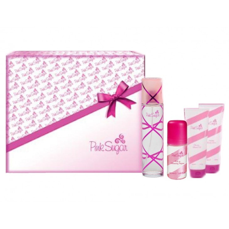 Pink Sugar Pink Shimmering 4PCS Gift Set – 50ML EDT Spray + 50ML Roll On Shimmering Perfume + 50ML Glossy Shower Gel + 50ML Creamy Body Lotion (Women)