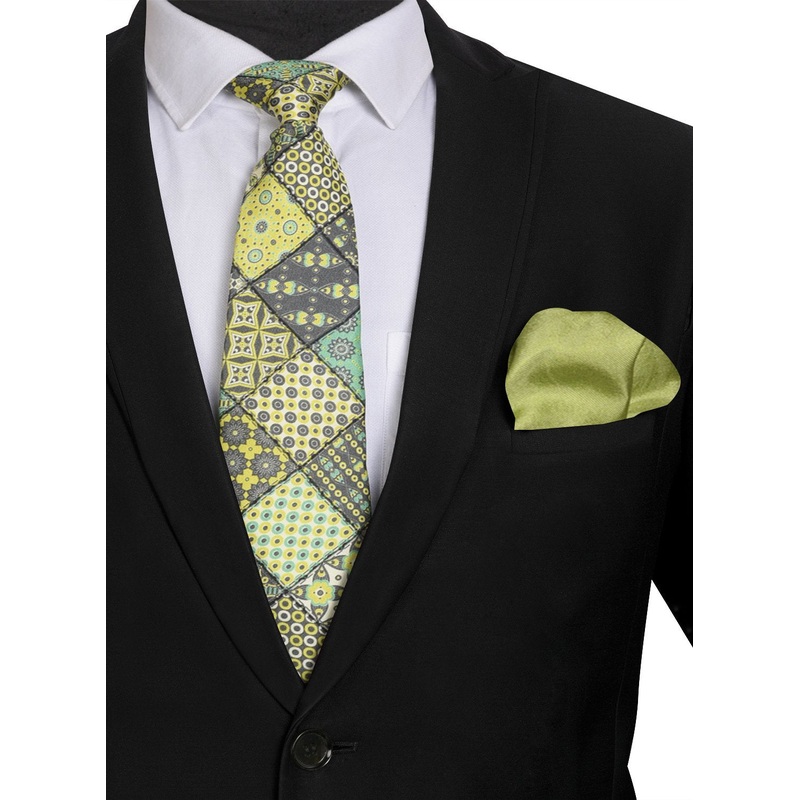 Chokore Yellow & Light Green Silk Tie – Indian At Heart range & Plain Mehandi Green color Silk Pocket Square set