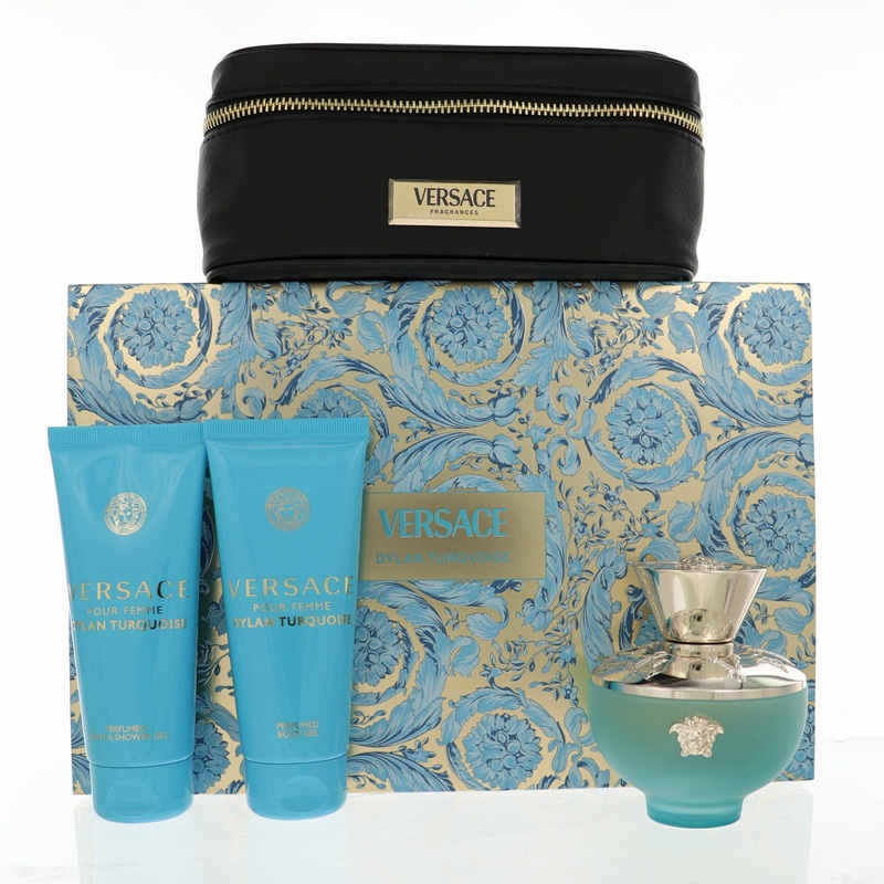 Dylan Turquoise By Versace 4 Piece Gift Set – 3.4 Oz Eau De Toilette Spray, 3.4 Oz Bath & Shower Gel, 3.4 Oz Body Gel,  Small Beauty Case For Women In Gift Set