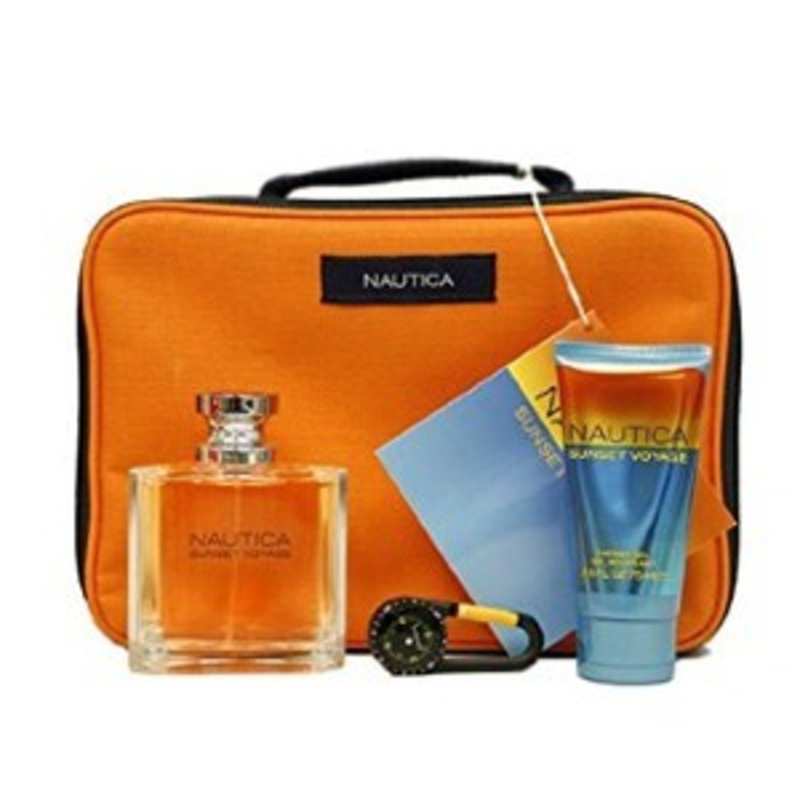 Sunset Voyage Gift Set by Nautica 4 Piece Gift Set: 3.4 Oz Eau De Toilette Spray + 2.5 Oz Shower Gel + Carabiner + Mini Cooler Bag. For Men