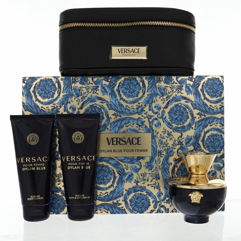 Versace Pour Femme Dylan Blue By Versace Perfume 4 Piece Gift Set – 3.4 Oz Edp Spray, 3.4 Oz Bath & Shower Gel, 3.4 Oz Body Lotion,  Small Beauty Case For Women – Gift Set