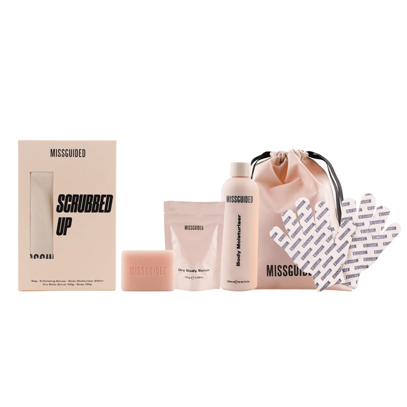 Missguided Scrubbed Up Bath & Body Gift Set (Exfoliating Gloves + Body Moisturiser 200ml + Dry Body Scrub 100ml + Soap 120g + Drawstring Bag)