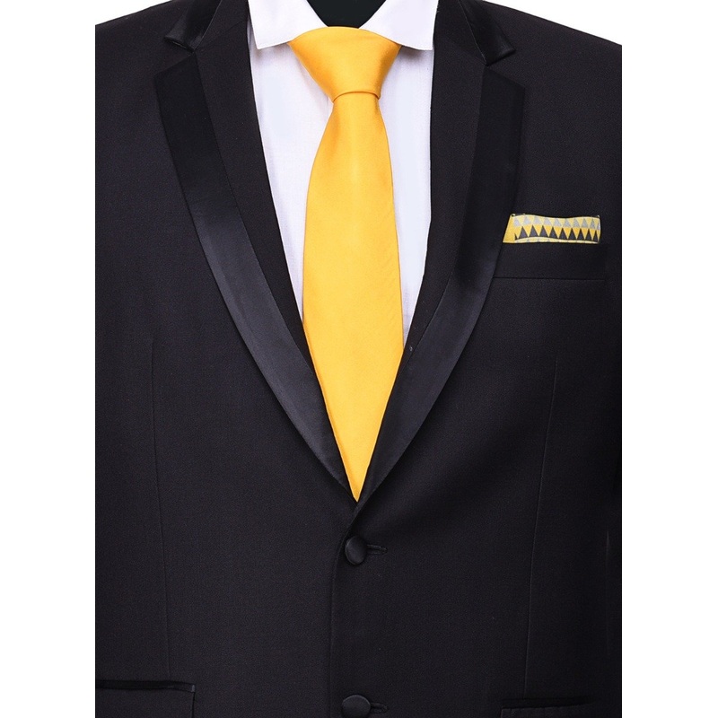 Chokore Yellow color silk tie & Tangerine & Grey Silk Pocket Square set