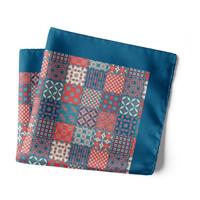 Chokore Blue & Red Silk Pocket Square – Indian At Heart line 18 x 18