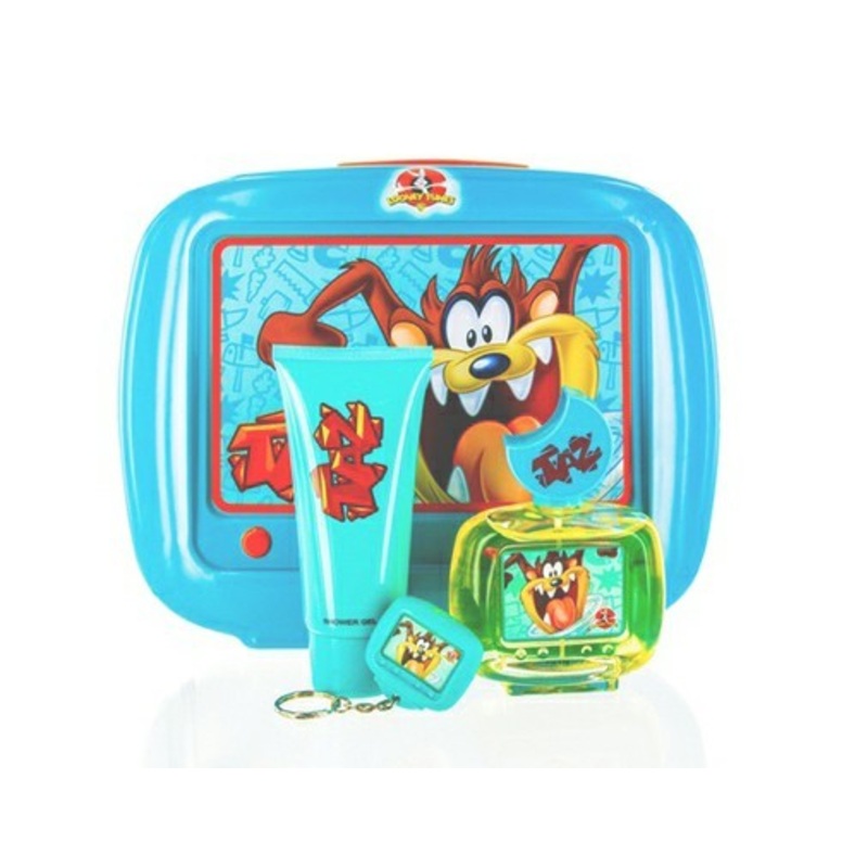 Taz Gift Set by Looney Tunes 4 Piece Gift Set: 3.4 Oz Eau De Toilette Spray + 3.4 Oz Shower Gel + Taz Key Holder + Taz Lunch Box. For Men