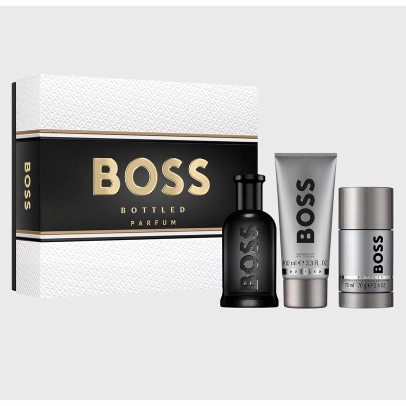 Boss Bottled Parfum Gift Set by Hugo Boss 3 Piece Gift Set for Men (3.4 OZ Eau De Parfum | 3.4 OZ Shower Gel | 2.5 OZ Deodorant Stick)