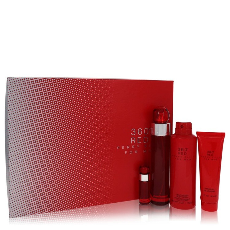 Perry Ellis 360 Red by Perry Ellis Gift Set — 3.4 oz Eau De Toilette Spray + .25 oz Mini EDT Spray + 6 oz Body Spray + 3 oz Shower Gel for Men – Premium Designer Fragrance