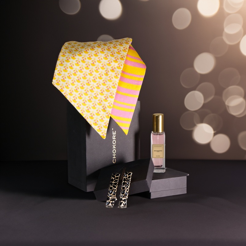 Chokore Special 3-in-1 Gift Set for Her (Silk Scarf, 20 ml Enchanted Perfume, & Black Dangle Earrings)