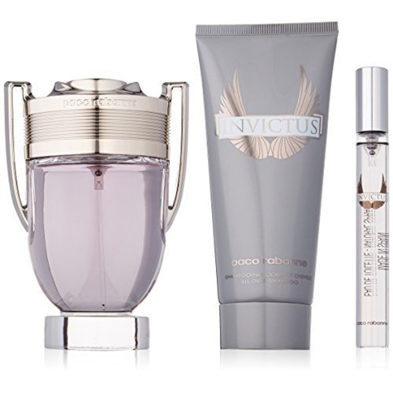 Invictus Gift Set by Paco Rabanne 3 Piece Gift Set: 3.4 Oz Eau De Toilette Spray + 0.34 Oz Mini + 3.4 Oz All Over Shampoo. For Men