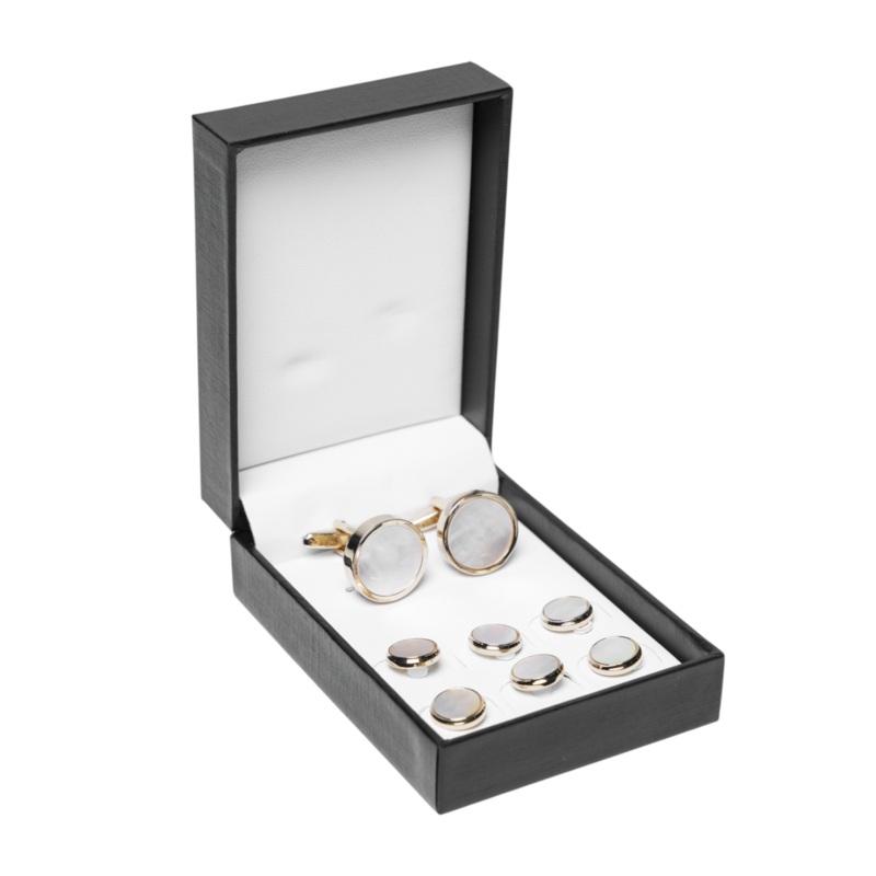 Gold & Mother-of-Pearl Brass Cufflinks and Studs Set (8 pcs)  Luxurious Tuxedo Wear