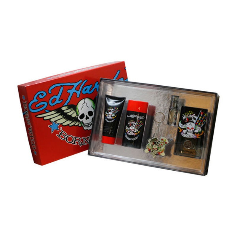 Ed Hardy Born Wild Gift Set by Christian Audigier 5 Piece Gift Set: 3.4 Oz Eau De Toilette Spray + 2.75 Oz Deodorant Stick Alcohol Free + 3 Oz Hair And Body Wash 3 Oz + .35 Oz Mini Spray + Luggage Tag By Chri. For Men