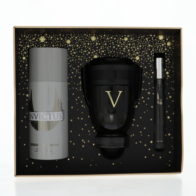 Paco Rabanne Invictus Victory By Paco Rabanne 3 Piece Gift Set – 3.4 Oz Eau De Parfum Extreme Spray, 0.34 Oz Eau De Toilette Spray, 5.1 Oz Deodorant Spray For Men In Gift Set